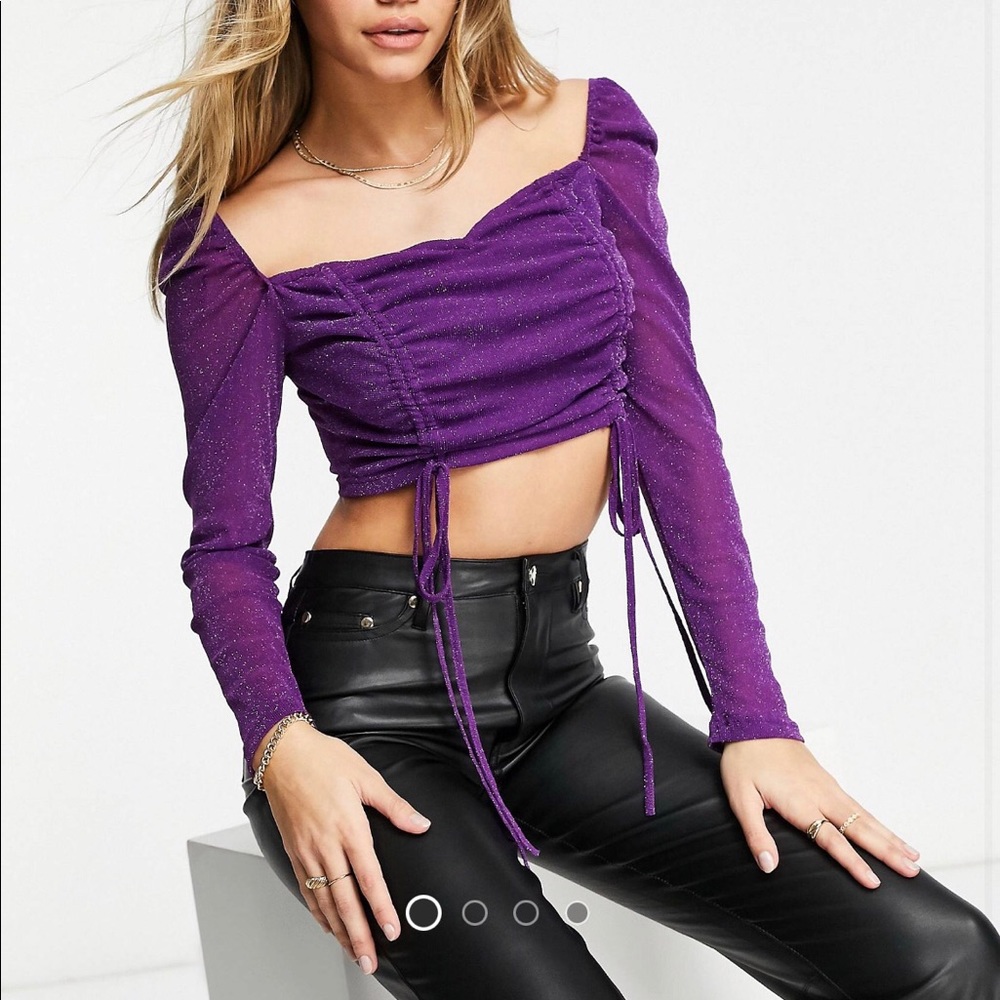 NaaNaa Square Neck Purple Glitter Ruched Crop Top
